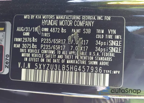 2017 Hyundai Santa Fe Sport 2.4L z USA, uszkodzony, nr VIN 5XYZU3LB5HG457936